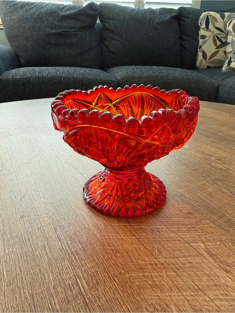 Vintage Imperial Glass Amberina Aztec Pedestal Candy Dish - 1980s Stamped